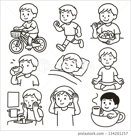 Boy riding bicycle running eating drinking sleeping meditating washing face showering drinking Boy riding bicycle running eating drinking sleeping meditating washing face showering drinking 134201257