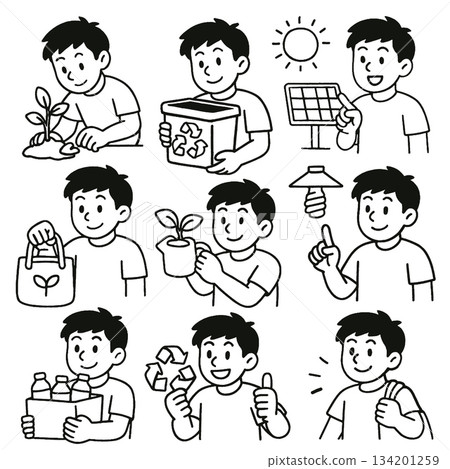 Boy planting tree, recycling, using solar energy, holding eco bag, and promoting sustainability Boy planting tree, recycling, using solar energy, holding eco bag, and promoting sustainability 134201259