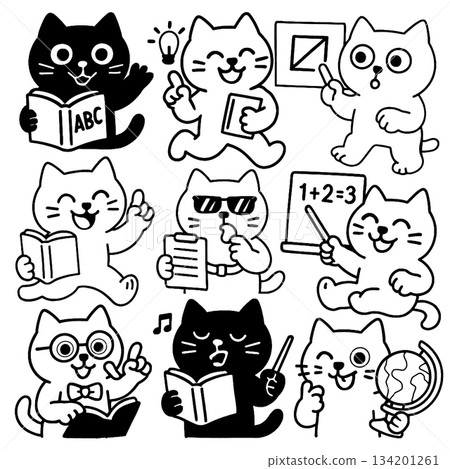 Cat book reading cartoon education happy black white 134201261