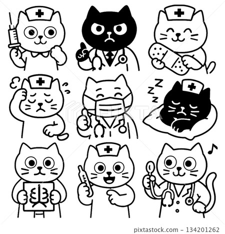 Nurse cat doctor cat medical cat cartoon black and white cute stethoscope mask 134201262