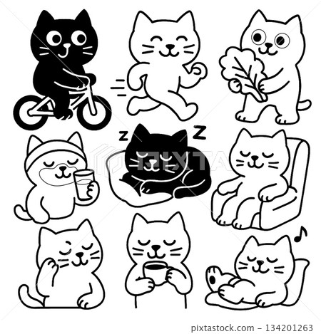 Cute cat cartoon set, black and white, showing various activities like cycling, sleeping Cute cat cartoon set, black and white, showing various activities like cycling, sleeping 134201263