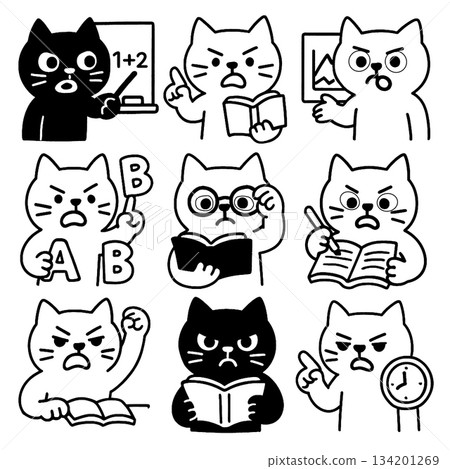 Black and white cat cartoon, teacher and student, reading, writing, learning, education, emotion Black and white cat cartoon, teacher and student, reading, writing, learning, education, emotion 134201269