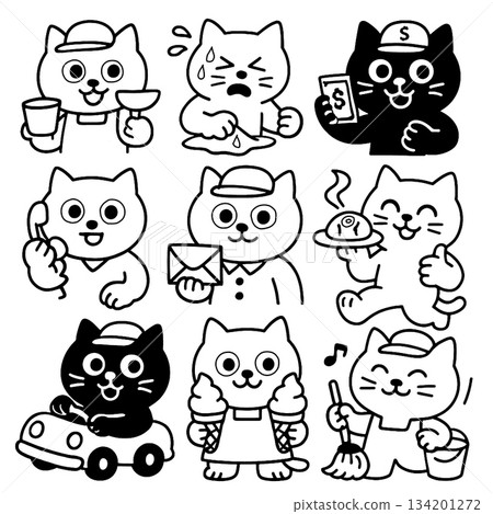 Cat cartoon character set, various jobs, happy and expressive, black and white illustration 134201272