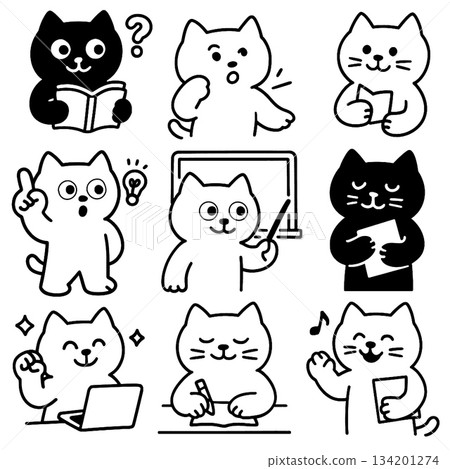 Cartoon cat black and white reading thinking teaching writing happy classroom 134201274