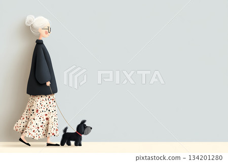 美由系列:與美由的黑狗散步 | 社區福利和保險插畫 美由系列:與美由的黑狗散步 | 社區福利和保險插畫 134201280