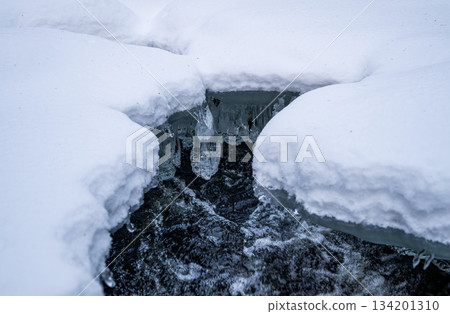 ice formations and flowing water under deep winter snow in lapland ice formations and flowing water under deep winter snow in lapland 134201310