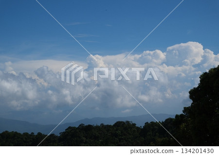 A cloudy day with a rocky shoreline and a small beach. The sky is overcast and the beach is empty 134201430