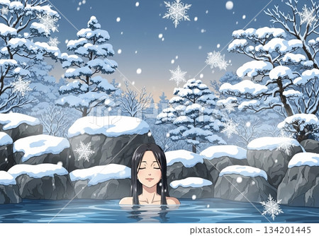 一位女士在雪景浴池中放鬆身心 一位女士在雪景浴池中放鬆身心 134201445