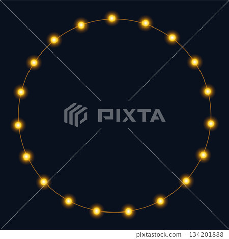 Festive round frame with garlands of bright yellow lights. Copy space. Place for text. Sparkling festive decoration. Perfect for New Year, Christmas, or other festive designs. Vector illustration Festive round frame with garlands of bright yellow lights. Copy space. Place for text. Sparkling festive decoration. Perfect for New Year, Christmas, or other festive designs. Vector illustration 134201888