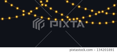 Festive garland string lights shining with bright yellow bulbs. Glowing holiday decoration. Perfect for New Year, Christmas, birthday celebrations or other holiday designs. PNG and Vector illustration Festive garland string lights shining with bright yellow bulbs. Glowing holiday decoration. Perfect for New Year, Christmas, birthday celebrations or other holiday designs. PNG and Vector illustration 134201891