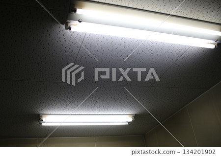 Fluorescent lights on the factory ceiling 134201902