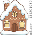 Cute Cartoon Gingerbread House with Snow and Icing Illustration for Christmas 134201939