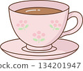 Cute Pastel Pink Teacup and Saucer Illustration with Flower Decoration 134201947