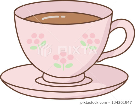 Cute Pastel Pink Teacup and Saucer Illustration with Flower Decoration 134201947