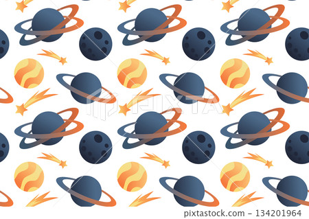 Cute seamless pattern with planets, sun, stars. Flat space design Hand-drawn illustration. 134201964