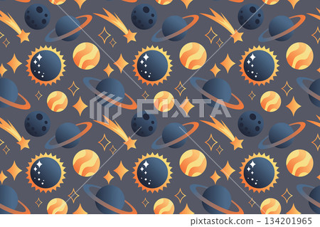 Cute seamless pattern with planets, the sun, and stars on a dark background. Flat space design. Hand-drawn illustration. Cute seamless pattern with planets, the sun, and stars on a dark background. Flat space design. Hand-drawn illustration. 134201965