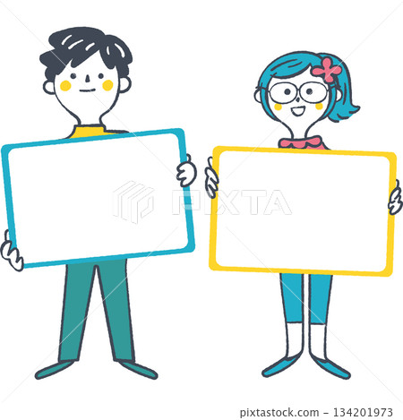 Smiling elementary school boys and girls holding up an information board. A hand-drawn framed illustration that can be used for learning tips and announcements. Smiling elementary school boys and girls holding up an information board. A hand-drawn framed illustration that can be used for learning tips and announcements. 134201973