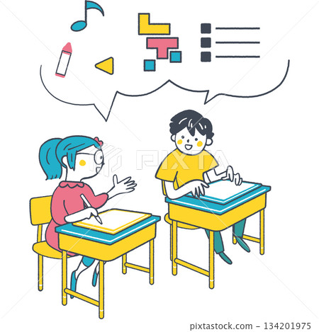 Elementary school boys and girls discussing ideas in class with speech bubbles. Hand-drawn illustration representing independent learning and planning. 134201975