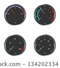 Set of realistic pressure gauges with color-coded zones. Includes multiple psi scales and needle positions. 134202334