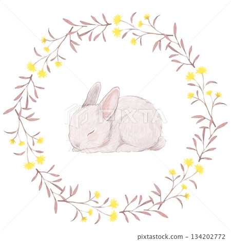 手繪水彩黃色花框，內含一隻睡兔 134202772