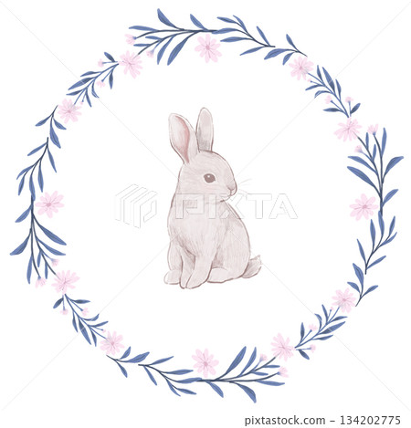 手繪水彩粉紅花朵相框，附可愛兔子 134202775