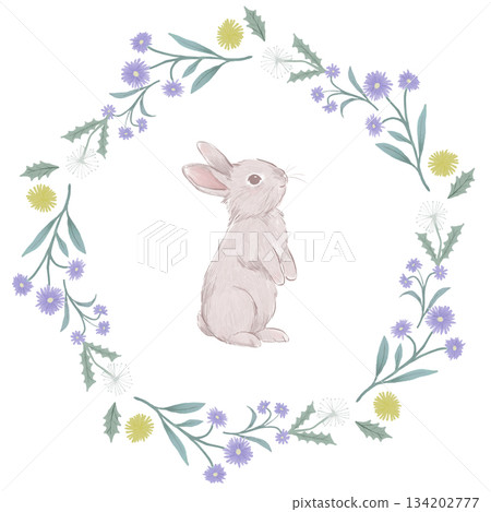 手繪水彩花卉和站立的兔子花框 134202777