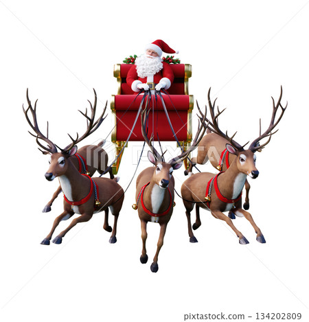 Santa Claus rides in his sleigh pulled by reindeer during Christmas celebrations in a winter scene 134202809