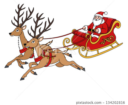 Santa Claus rides in his sleigh pulled by reindeer during Christmas celebrations in a winter scene 134202816
