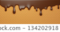 Dynamic Chocolate Splash, ice cream melt drip for dessert designs or summer graphics. Dripping melted chocolate on waffle background. 3d render.  134202918