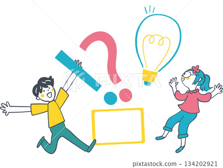 A lively elementary school student solves a problem and has an idea. A hand-drawn illustration showing fun tablet learning and motivation. A lively elementary school student solves a problem and has an idea. A hand-drawn illustration showing fun tablet learning and motivation. 134202921