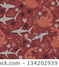 Commercial quality seamless pattern design featuring thresher sharks, wobbegong sharks, aster flowers, and leaves. Perfect for fashion, textiles. 134202939