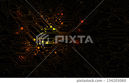 Abstract yellow light circuit board technology connected lines electronics elements computer motherboard chip processor semiconductor digital on black background vector 134203060