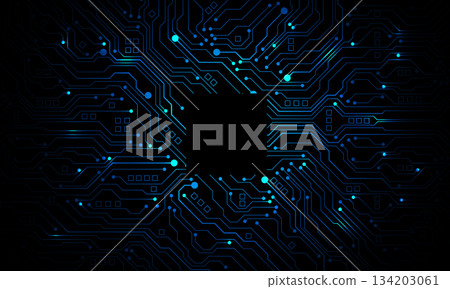 Abstract blue circuit board technology connected lines electronics elements computer motherboard chip processor semiconductor digital on black background vector 134203061