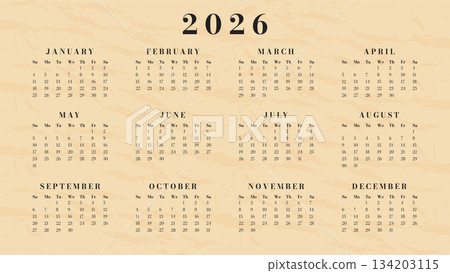 Calendar 2026 year template horizontal vintage retro grunge parchment design. 134203115