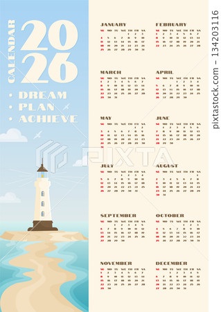Calendar 2026 year template lighthouse sea motivation dream achieve plan inspirational design. 134203116