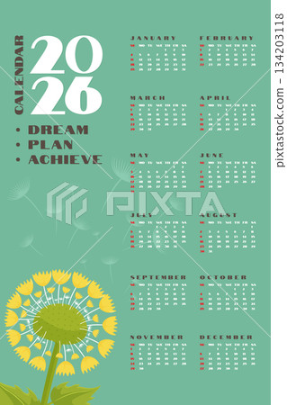 Calendar 2026 year template dandelion flower floral spring motivation dream plan achieve. Calendar 2026 year template dandelion flower floral spring motivation dream plan achieve. 134203118