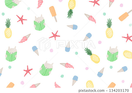 白色背景上的手繪插圖圖案。夏季閱讀概念。書籍、冰淇淋、鳳梨、海星 134203170