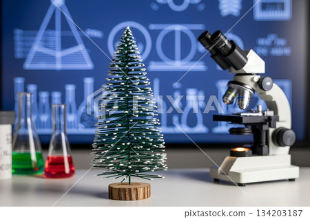 Festive science christmas tree in lab near microscope and lab equipment for a geeky celebration 134203187