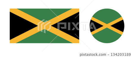 Flag of Jamaica round, rectangular buttons set. Jamaica flag circle, rectangle badges. Kingston icons. 134203189