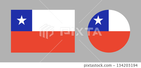 Flag of Chile. Set of National Chile flag rectangle, circle icons. Chilean round, rectangular flag buttons. Flag of Chile. Set of National Chile flag rectangle, circle icons. Chilean round, rectangular flag buttons. 134203194