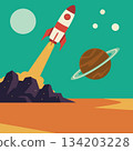 Retro Flat Design Rocket Launch in Outer Space Landscape 134203228