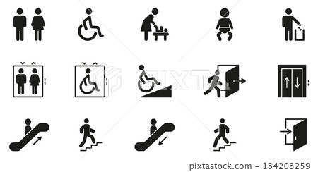Public Facility And Accessibility Icons Solid Icon Set. Restroom, Wheelchair Access, Baby Changing and Exit Symbol Collection. Navigation And Accessibility Guidance. Isolated Vector Illustration Public Facility And Accessibility Icons Solid Icon Set. Restroom, Wheelchair Access, Baby Changing and Exit Symbol Collection. Navigation And Accessibility Guidance. Isolated Vector Illustration 134203259