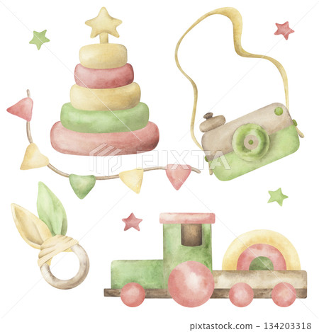 A set of wooden toys for babies: a camera, teether, pyramid, train, flags, and stars. These eco-friendly children's toys are hand-painted with watercolors. The illustration is suitable for packaging A set of wooden toys for babies: a camera, teether, pyramid, train, flags, and stars. These eco-friendly children's toys are hand-painted with watercolors. The illustration is suitable for packaging 134203318