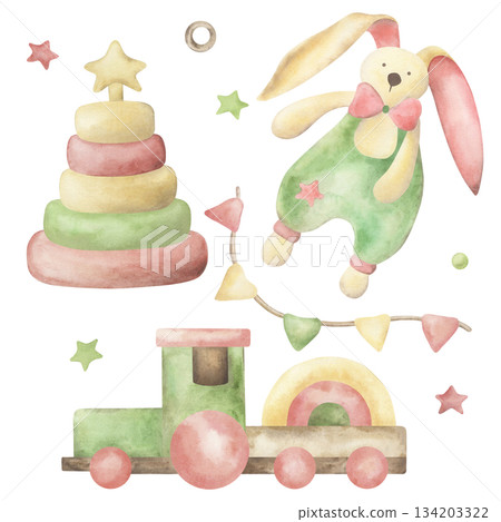 A set of wooden toys for toddlers: a pyramid, a train, a bunny, flags, and stars. These eco-friendly children's toys are hand-painted with watercolors. The illustration is suitable for packaging A set of wooden toys for toddlers: a pyramid, a train, a bunny, flags, and stars. These eco-friendly children's toys are hand-painted with watercolors. The illustration is suitable for packaging 134203322