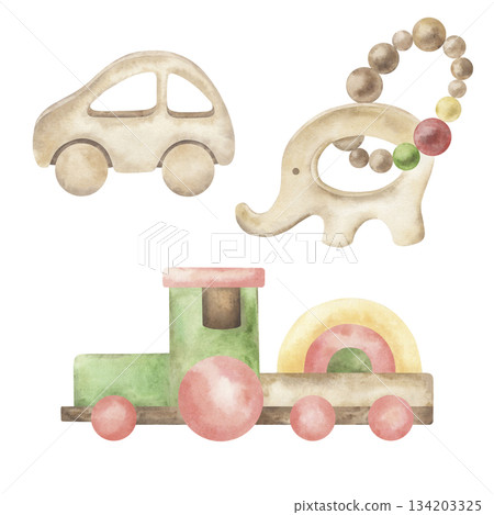 A set of wooden eco-friendly toys for babies: an elephant rattle, a train, and a car. Hand-drawn watercolor illustrations of children's items. Suitable for nursery design, packaging, cards, textiles A set of wooden eco-friendly toys for babies: an elephant rattle, a train, and a car. Hand-drawn watercolor illustrations of children's items. Suitable for nursery design, packaging, cards, textiles 134203325