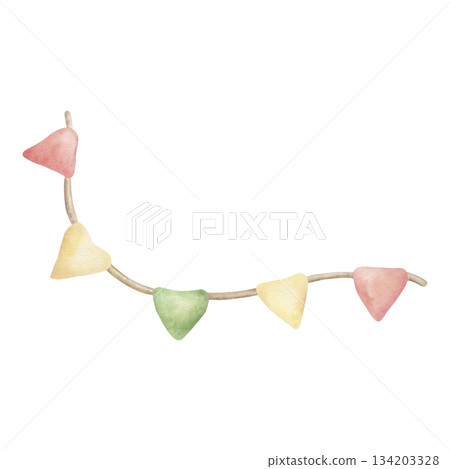 A watercolor illustration of children's flags in yellow, green, and pink. This hand-drawn holiday decoration features a soft, eco-friendly design. Perfect for cards, invitations, baby showers A watercolor illustration of children's flags in yellow, green, and pink. This hand-drawn holiday decoration features a soft, eco-friendly design. Perfect for cards, invitations, baby showers 134203328