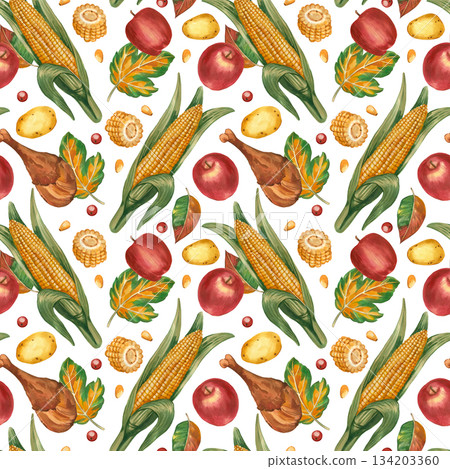 Seamless watercolor pattern on the theme of Thanksgiving. Ripe corn, apples, turkey leg, potatoes, berries and autumn leaves. Everything is hand-painted with watercolor. For printing on fabric, paper. Seamless watercolor pattern on the theme of Thanksgiving. Ripe corn, apples, turkey leg, potatoes, berries and autumn leaves. Everything is hand-painted with watercolor. For printing on fabric, paper. 134203360