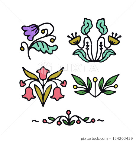 Hand drawn scandinavian flowers vector illustration. Scandi folk floral ornament clipart 134203439