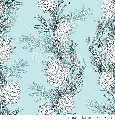 A traditional seamless pattern with pine branches and cones. The graphic line art illustration is hand-drawn with pen and ink in monochrome. Christmas, winter, New Year s print on a blue background. A traditional seamless pattern with pine branches and cones. The graphic line art illustration is hand-drawn with pen and ink in monochrome. Christmas, winter, New Year s print on a blue background. 134203444