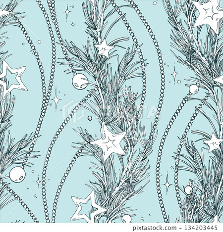 A seamless pattern with pine branches, stars, and beads. A hand-drawn monochrome line art graphic illustration with pen and ink. Christmas, winter, and New Year s print on a blue background. A seamless pattern with pine branches, stars, and beads. A hand-drawn monochrome line art graphic illustration with pen and ink. Christmas, winter, and New Year s print on a blue background. 134203445